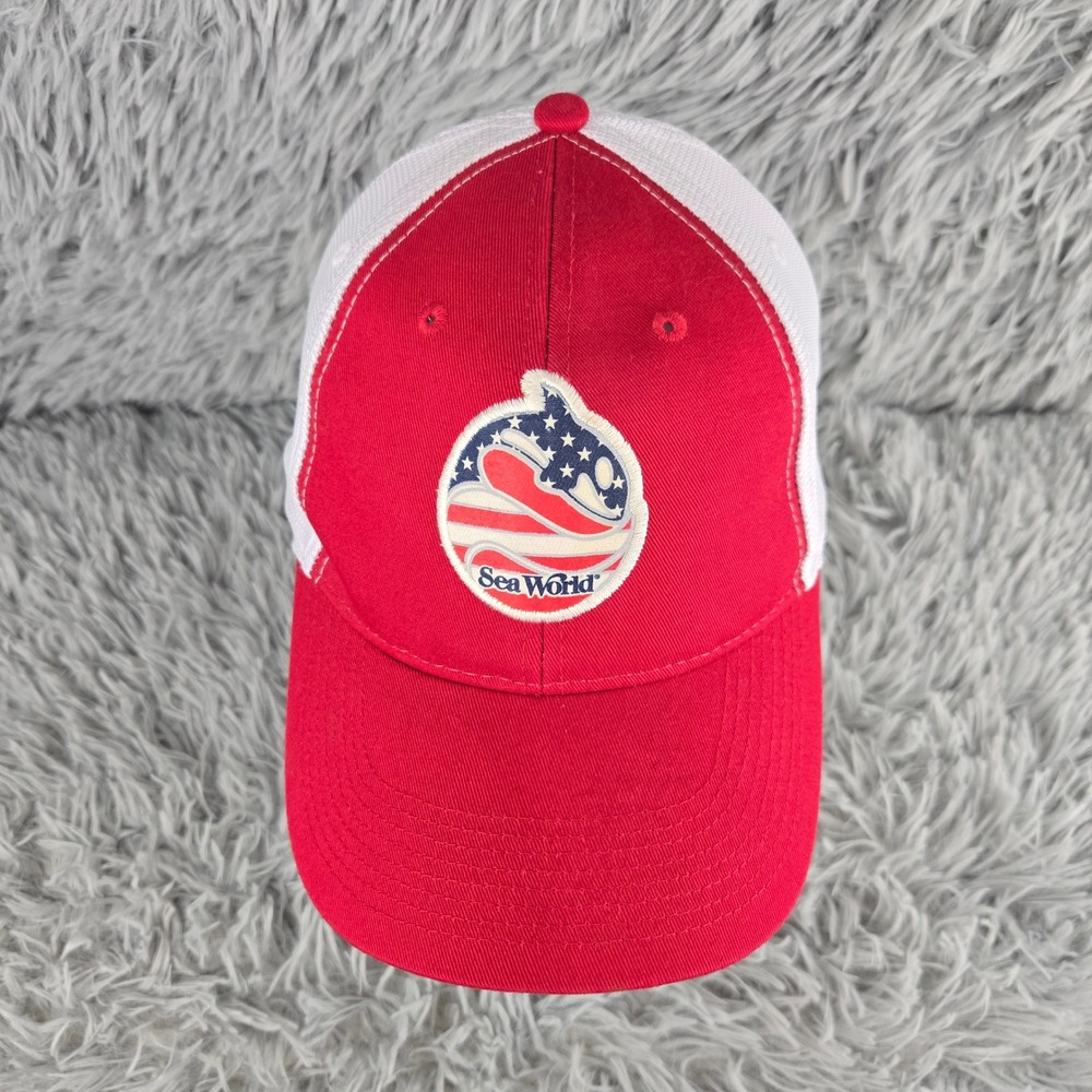 Sea World Trucker Hat Red White Mesh Embroidered Logo‎ Adjustable Strap OSFM